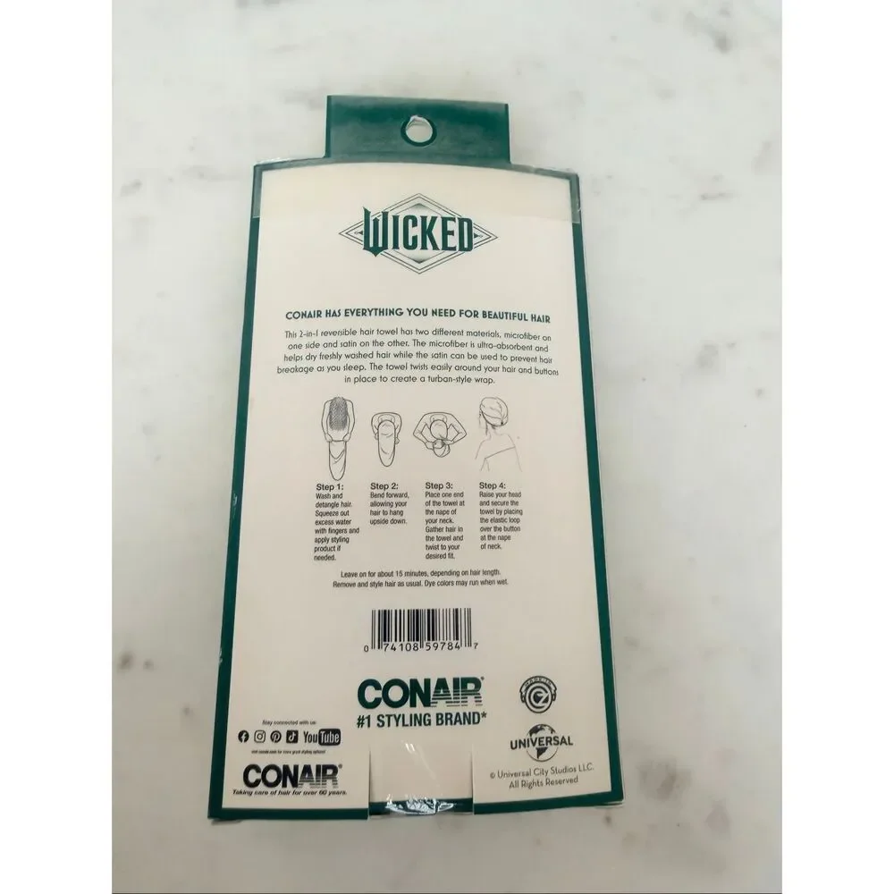 Wicked x Conair 2-in-1 Reversible Microfiber Satin Hair Towel Wrap NWT Elphaba